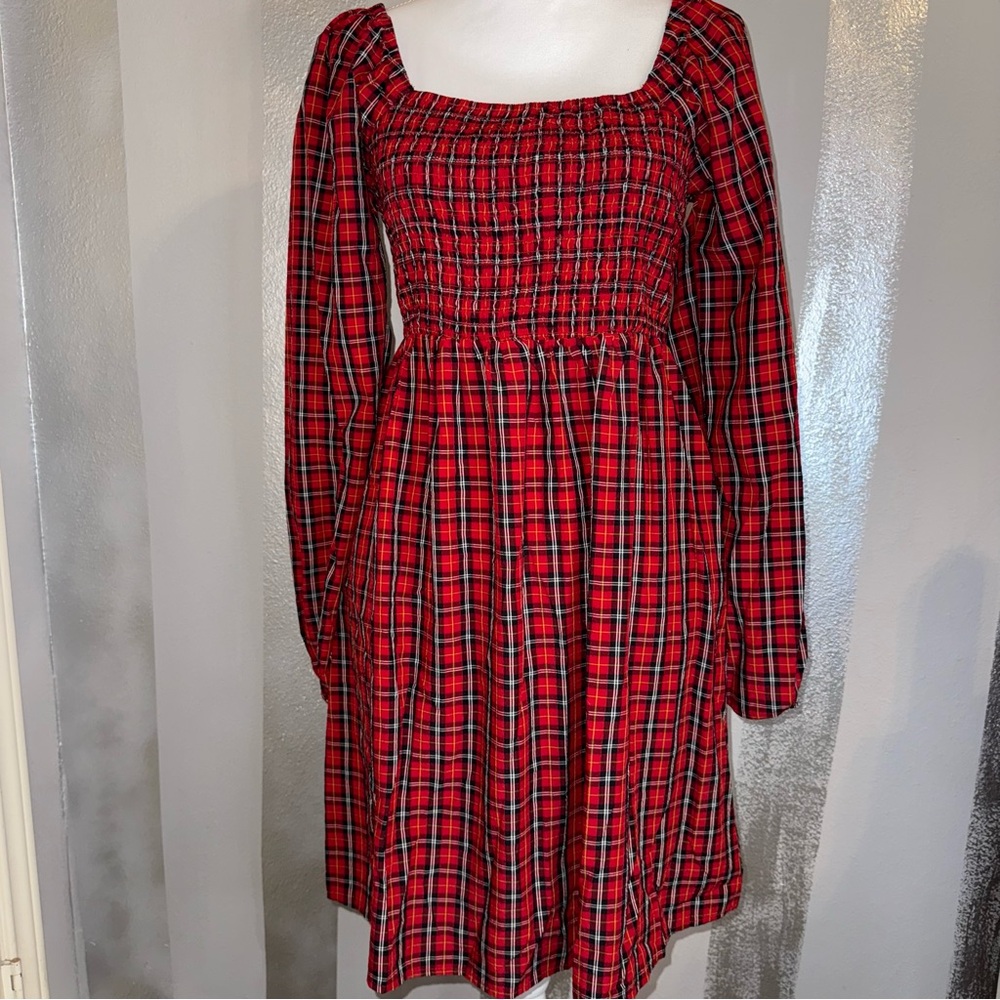 Old Navy Red Plaid‎ L/S Seersucker Dress Ladies Christmas Festive Holidays